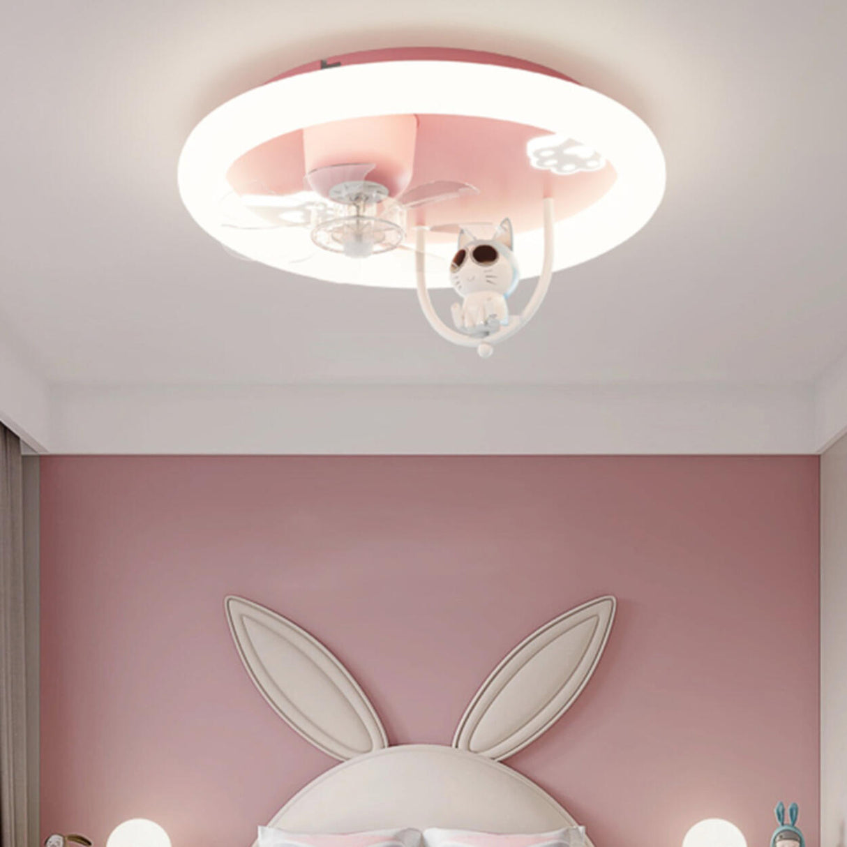 Remote Pink Round Flush Cute Cat Ceiling Fan with Light Image - 10