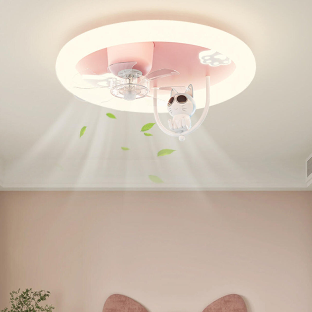 Remote Pink Round Flush Cute Cat Ceiling Fan with Light Image - 3