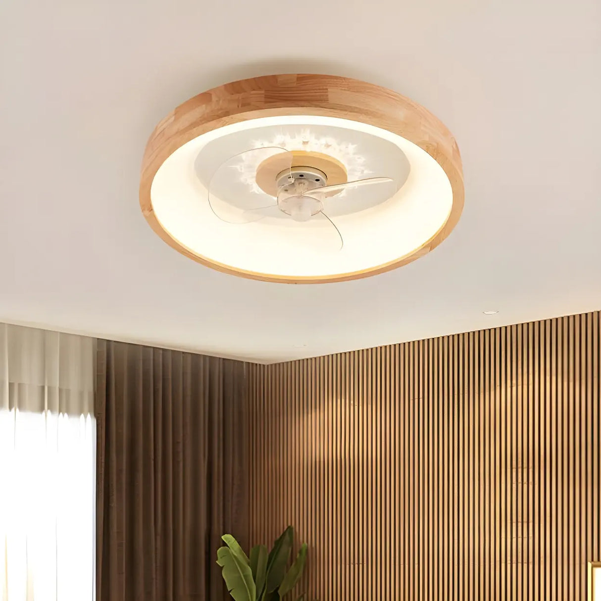 Remote Simple Round Wood Ceiling Fan with LED Light Image - 2