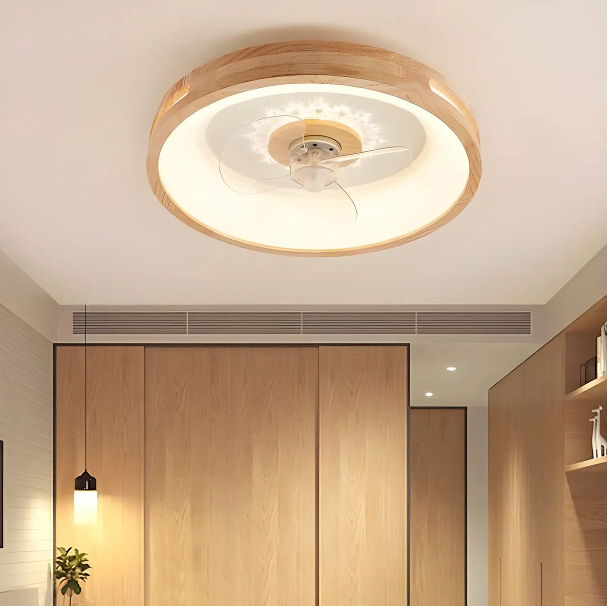 Remote Simple Round Wood Ceiling Fan with LED Light Image - 3