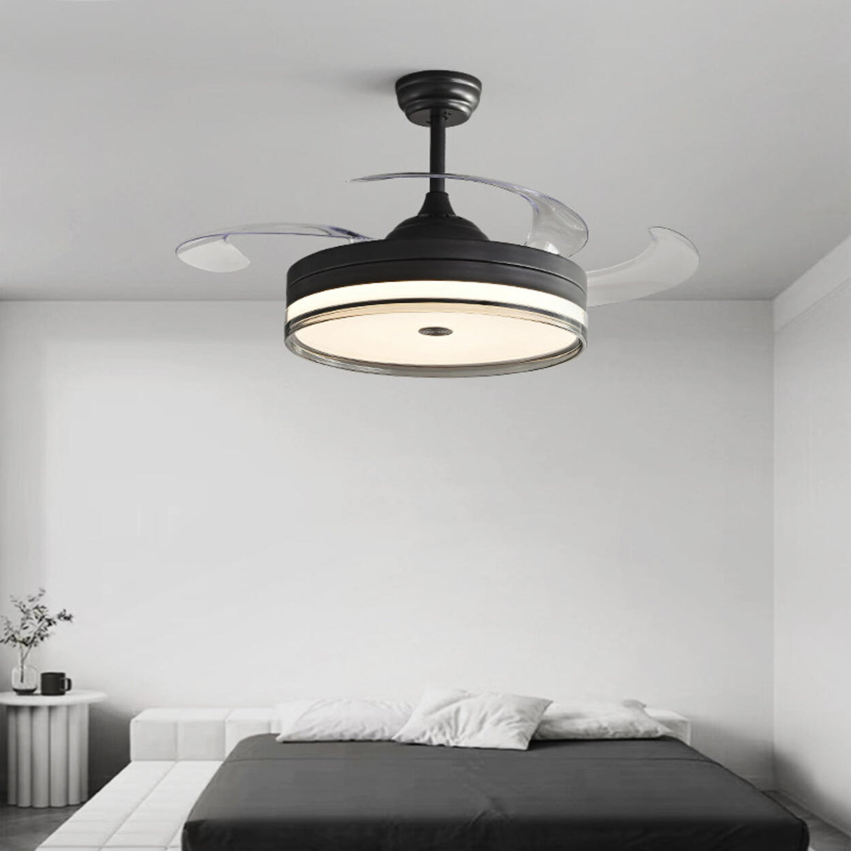 Retractable 4 Blades Drop Rod LED Ceiling Fan Light Image - 3