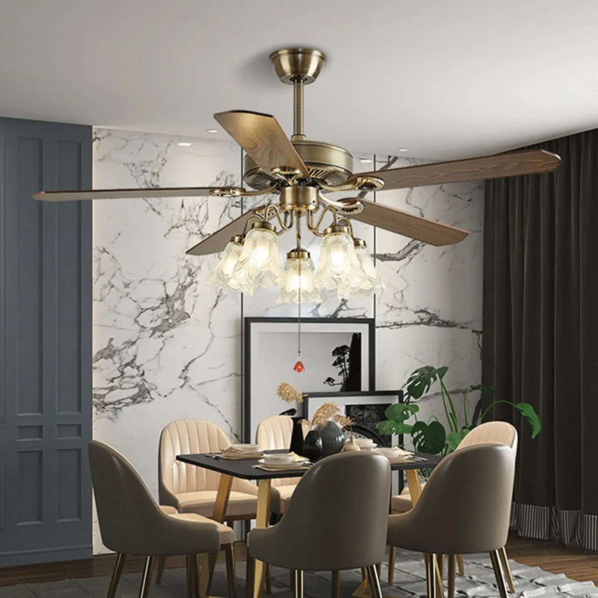 Retro 5 Blades Flower Decor Chandelier Fan with Light Image - 2