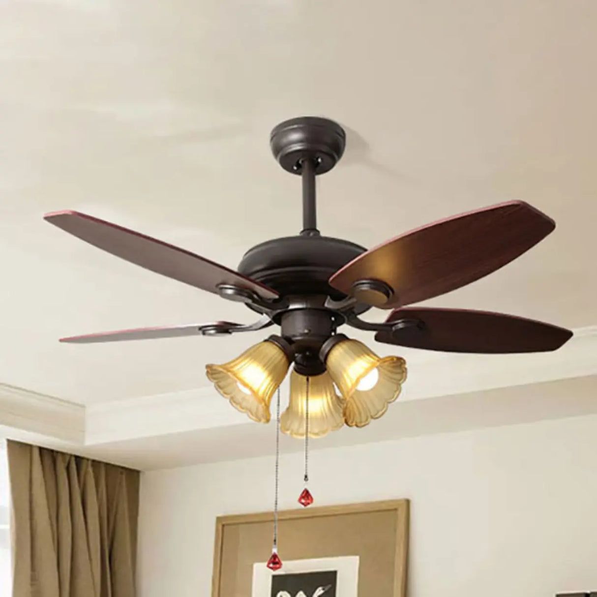 Retro Flower Glass Shade 5 Wood Blade Ceiling Fan Light Image - 4