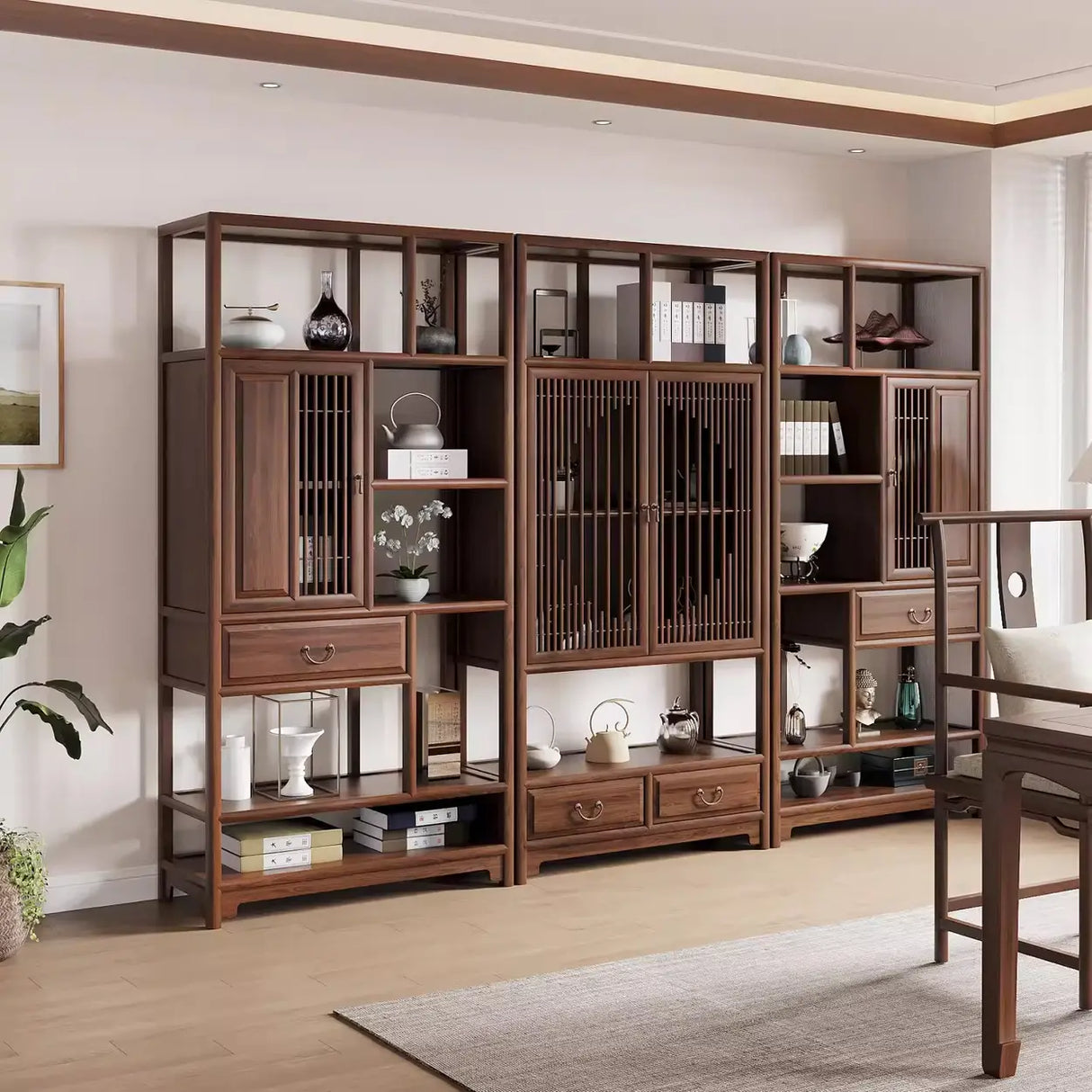 Retro Freestanding Wood Brown Large Display Cabinet Image - 1