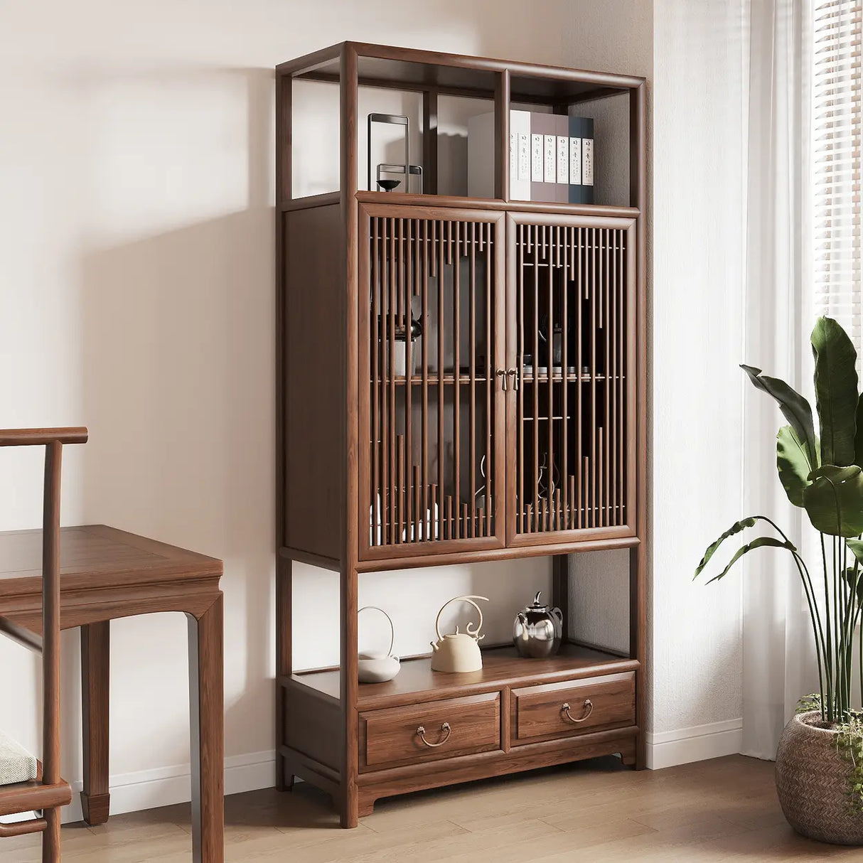 Retro Freestanding Wood Brown Large Display Cabinet Image - 2