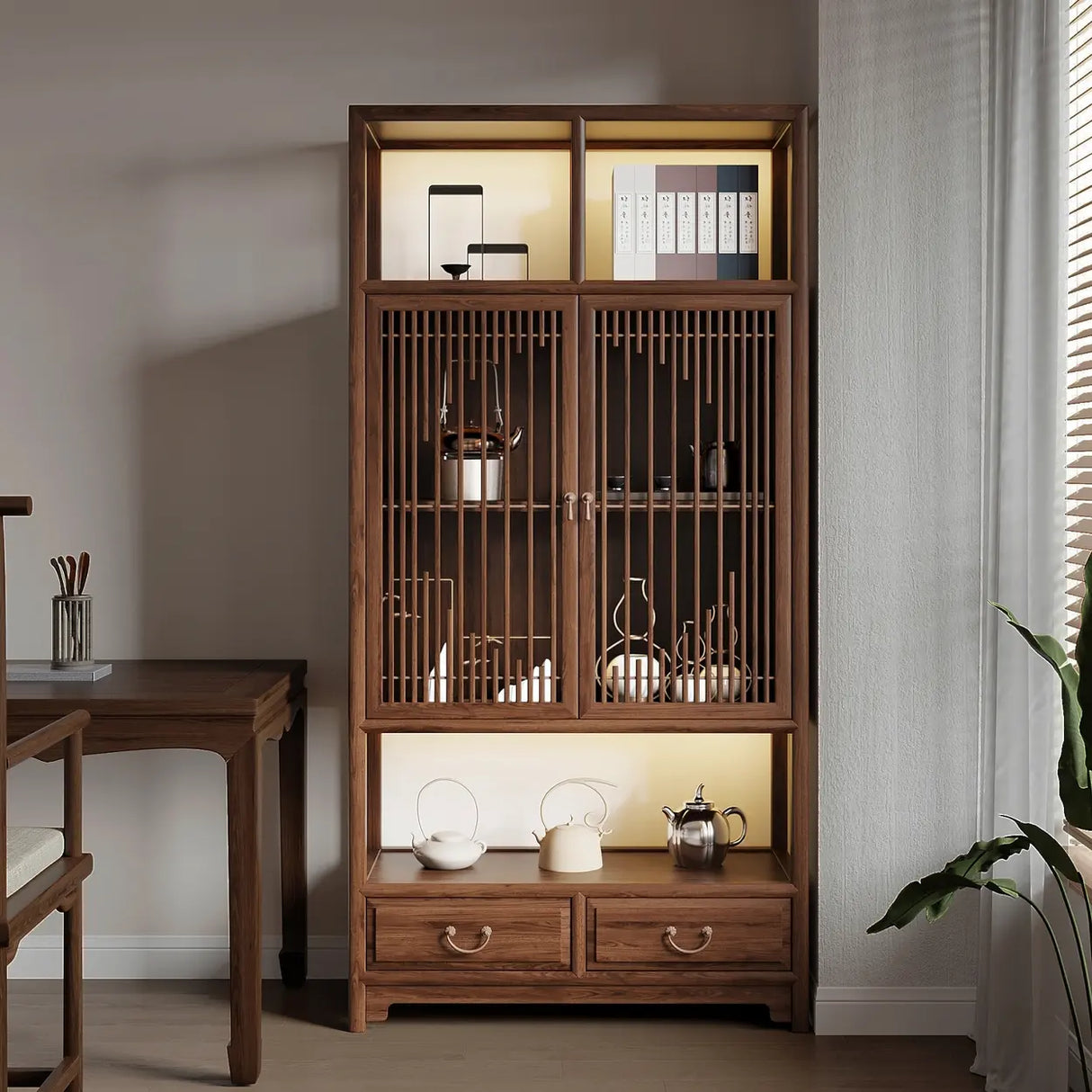 Retro Freestanding Wood Brown Large Display Cabinet Image - 3