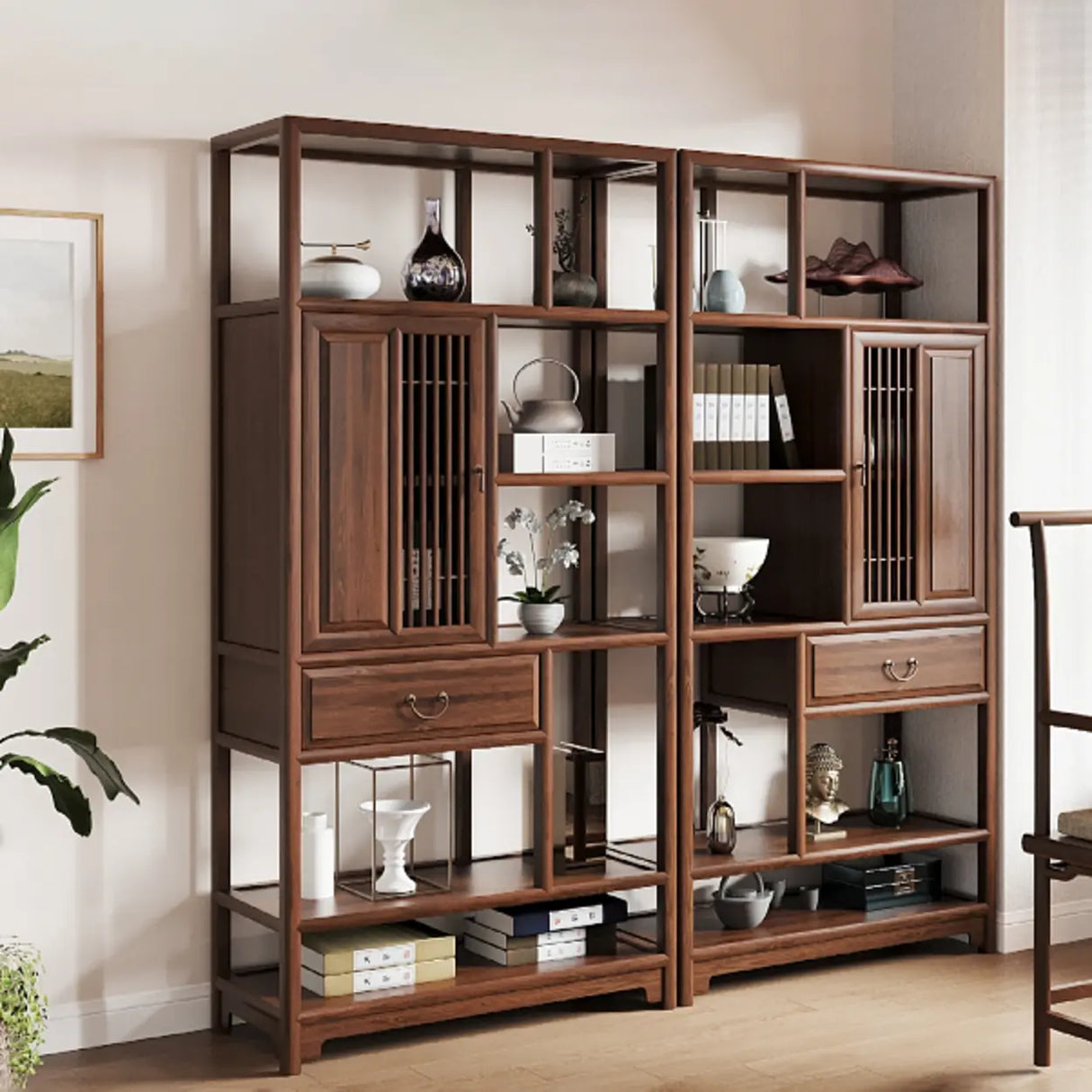 Retro Freestanding Wood Brown Large Display Cabinet Image - 4