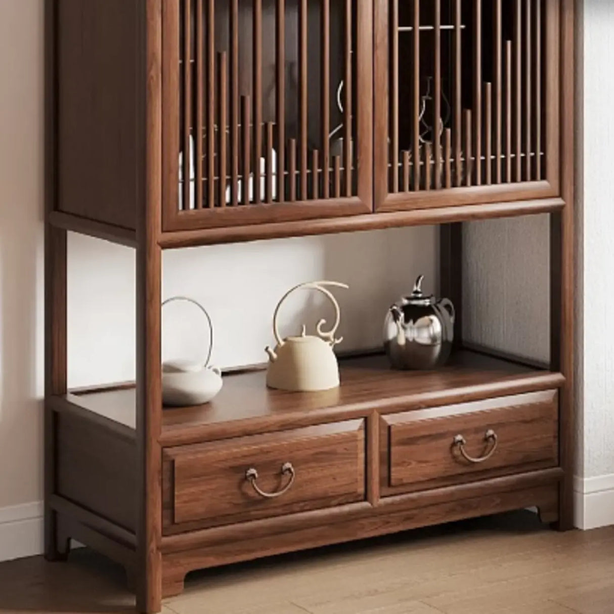 Retro Freestanding Wood Brown Large Display Cabinet Image - 6