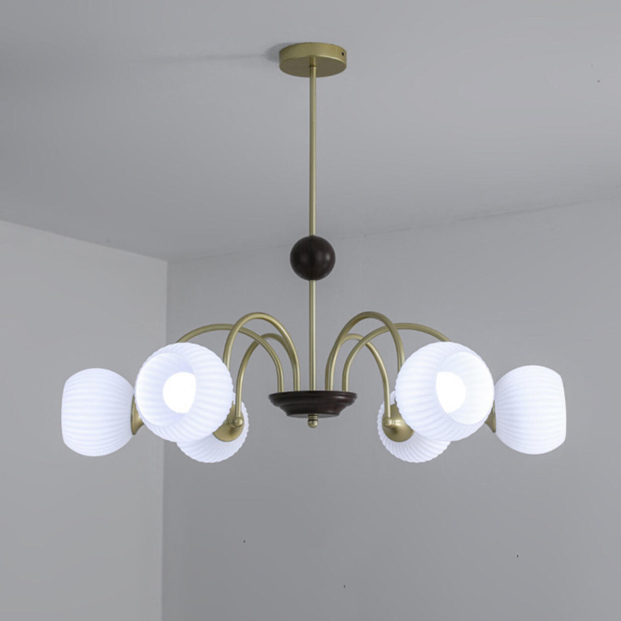 Retro Gold Fluted White Glass 5 Globes Chandelier Image - 11