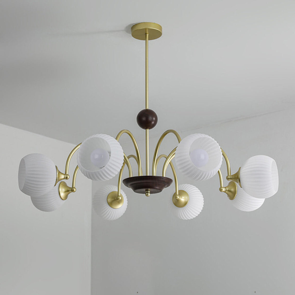 Retro Gold Fluted White Glass 5 Globes Chandelier Image - 12