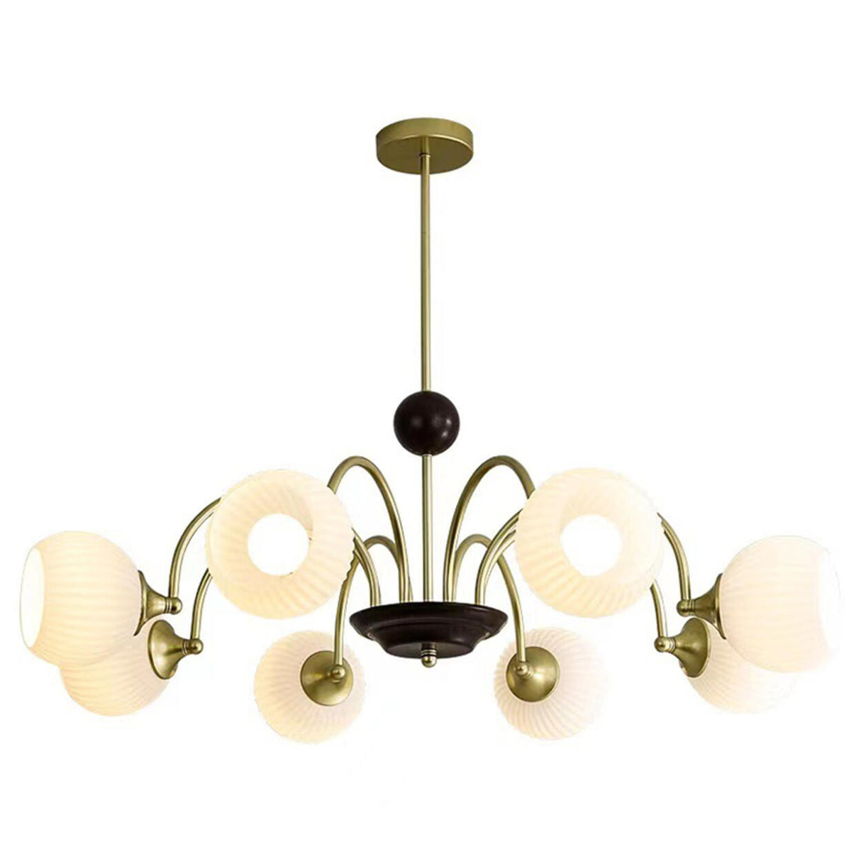 Retro Gold Fluted White Glass 5 Globes Chandelier Image - 13