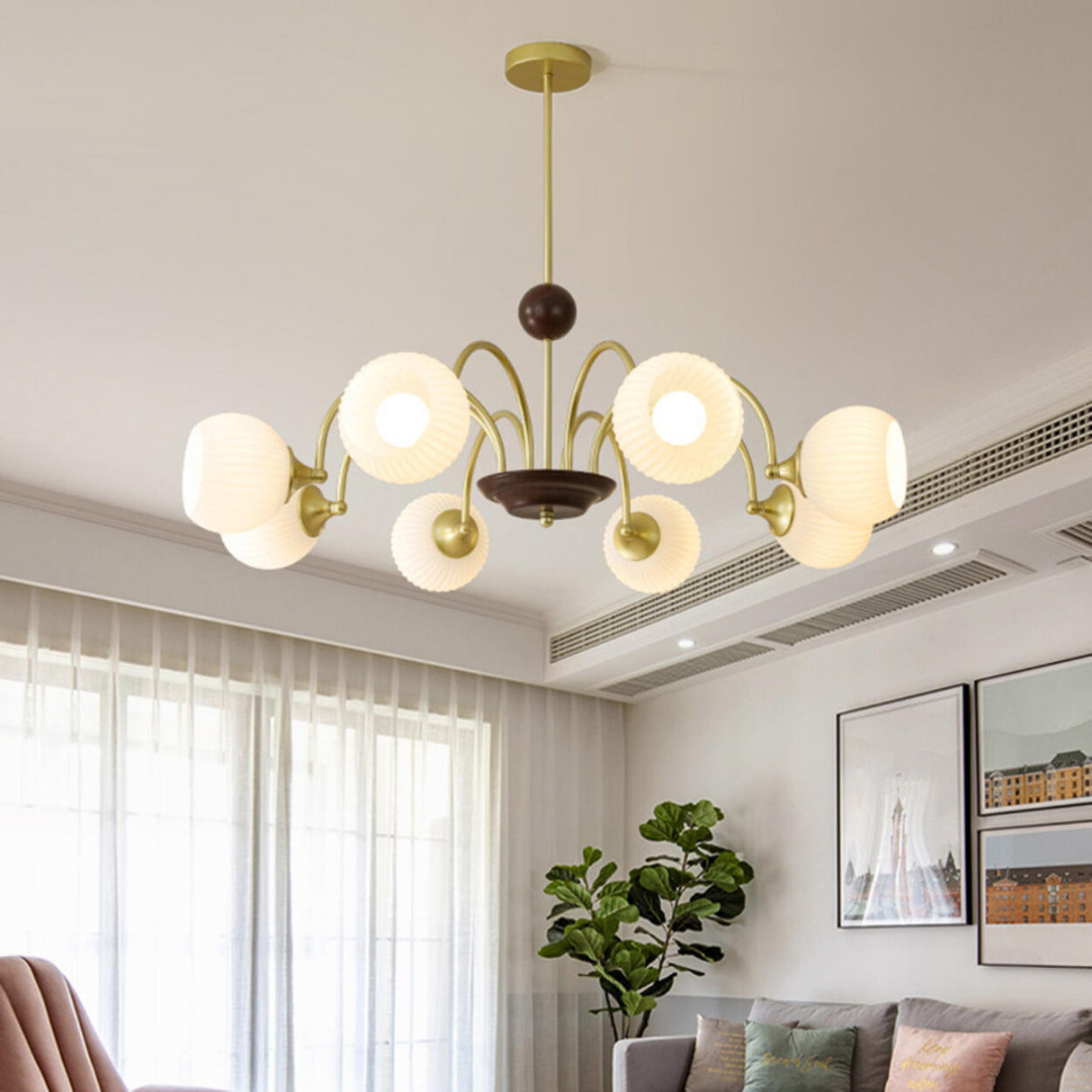 Retro Gold Fluted White Glass 5 Globes Chandelier Image - 17