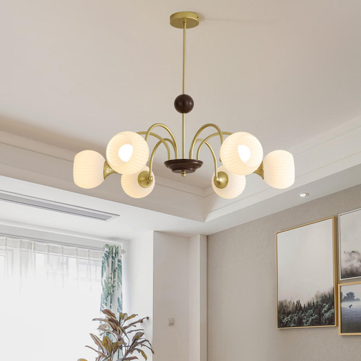 Retro Gold Fluted White Glass 5 Globes Chandelier Image - 18