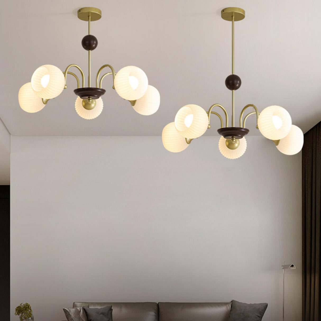 Retro Gold Fluted White Glass 5 Globes Chandelier Image - 19