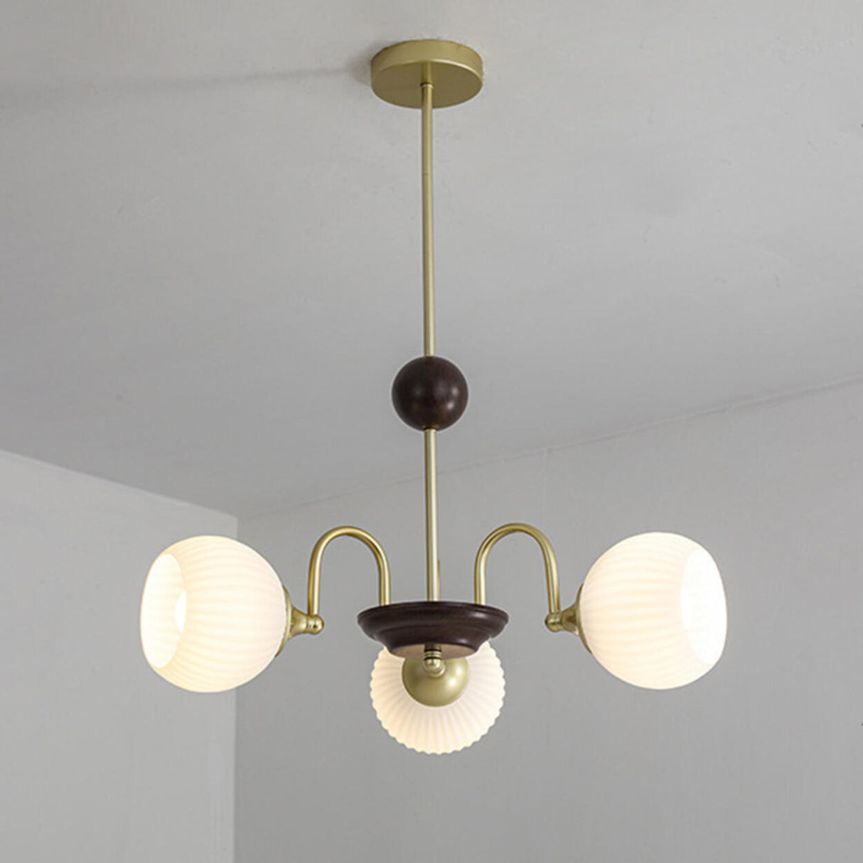 Retro Gold Fluted White Glass 5 Globes Chandelier Image - 2