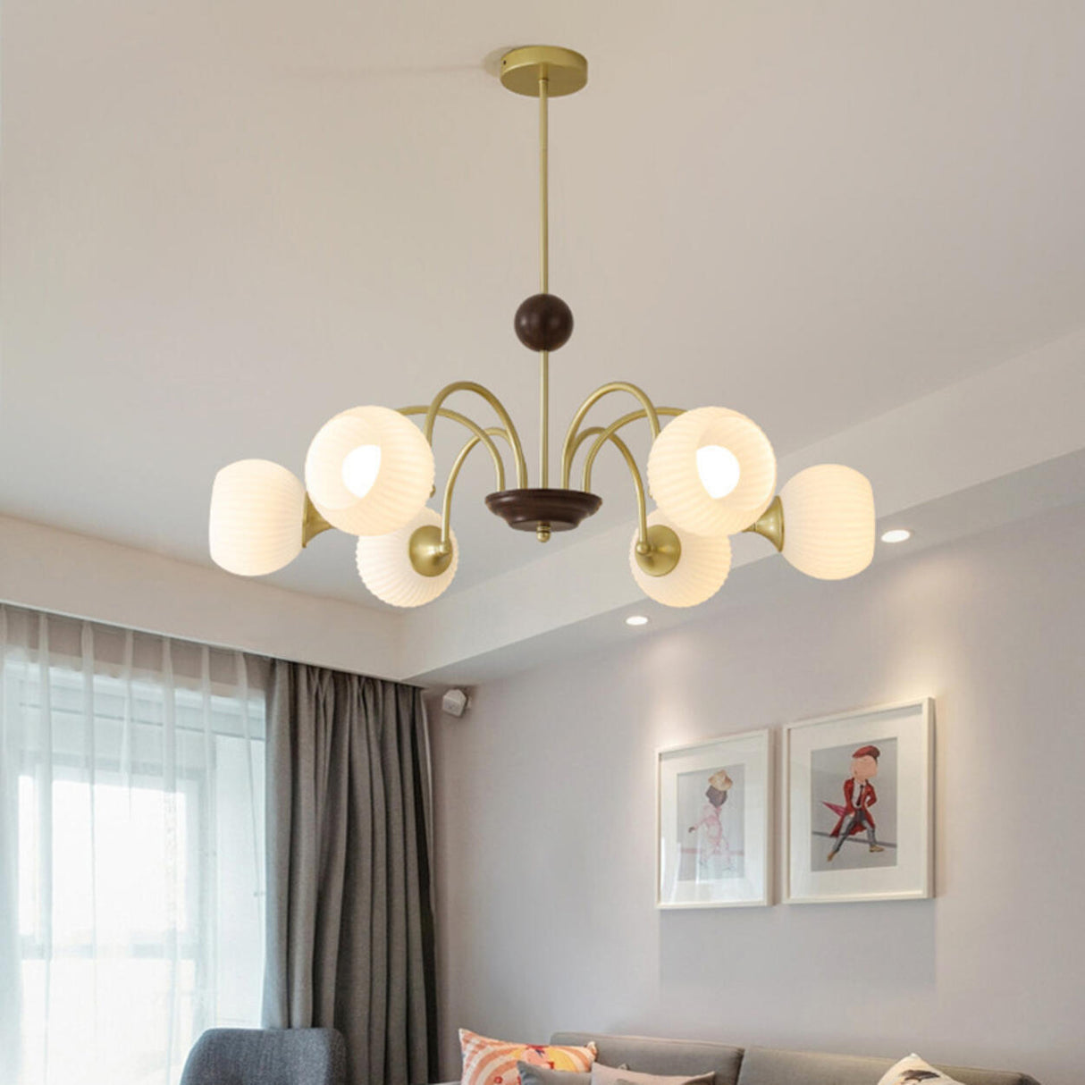 Retro Gold Fluted White Glass 5 Globes Chandelier Image - 20