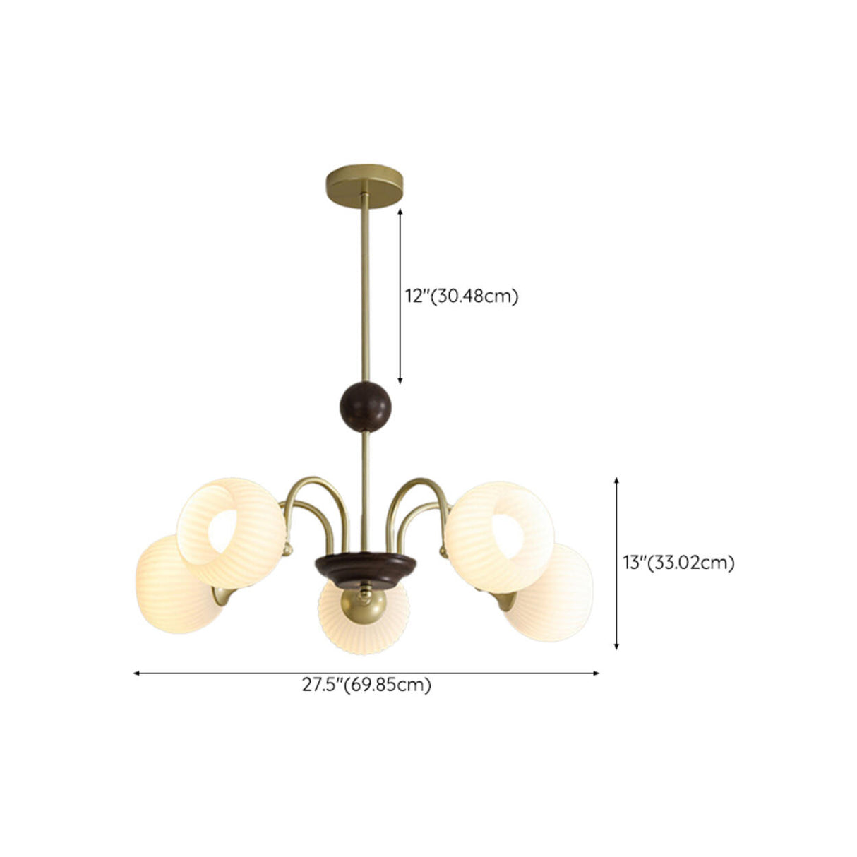 Retro Gold Fluted White Glass 5 Globes Chandelier Image - 23