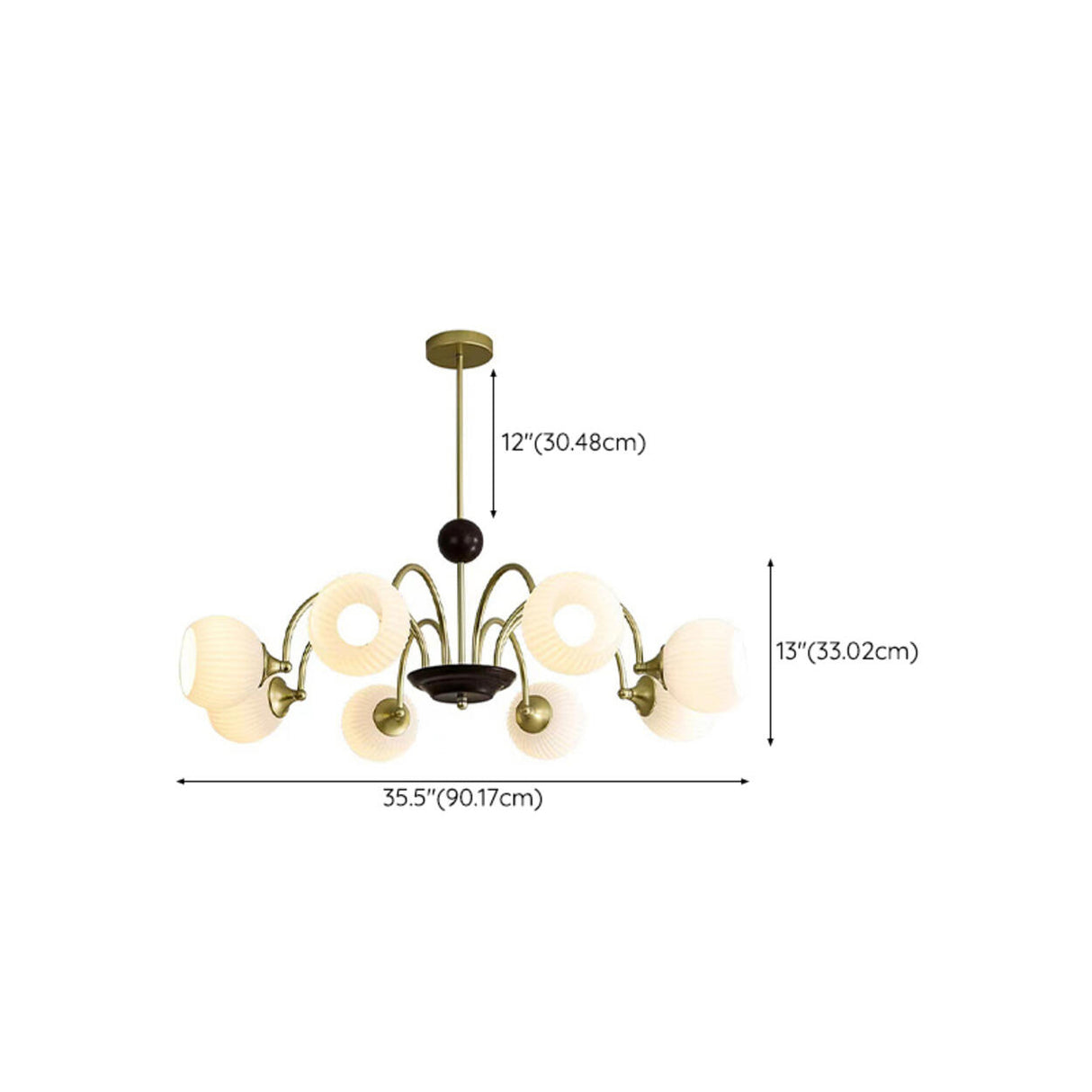 Retro Gold Fluted White Glass 5 Globes Chandelier Image - 25