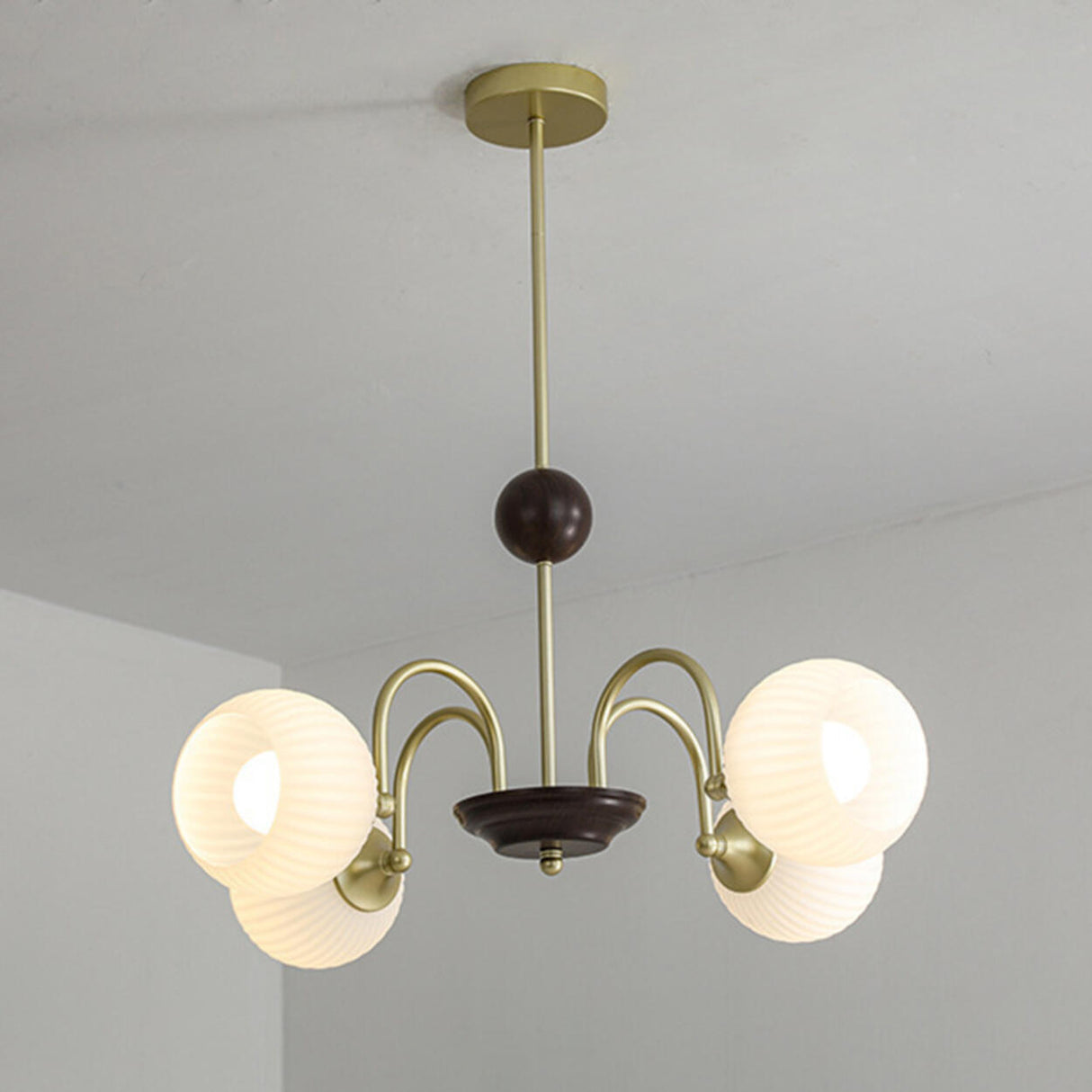 Retro Gold Fluted White Glass 5 Globes Chandelier Image - 3