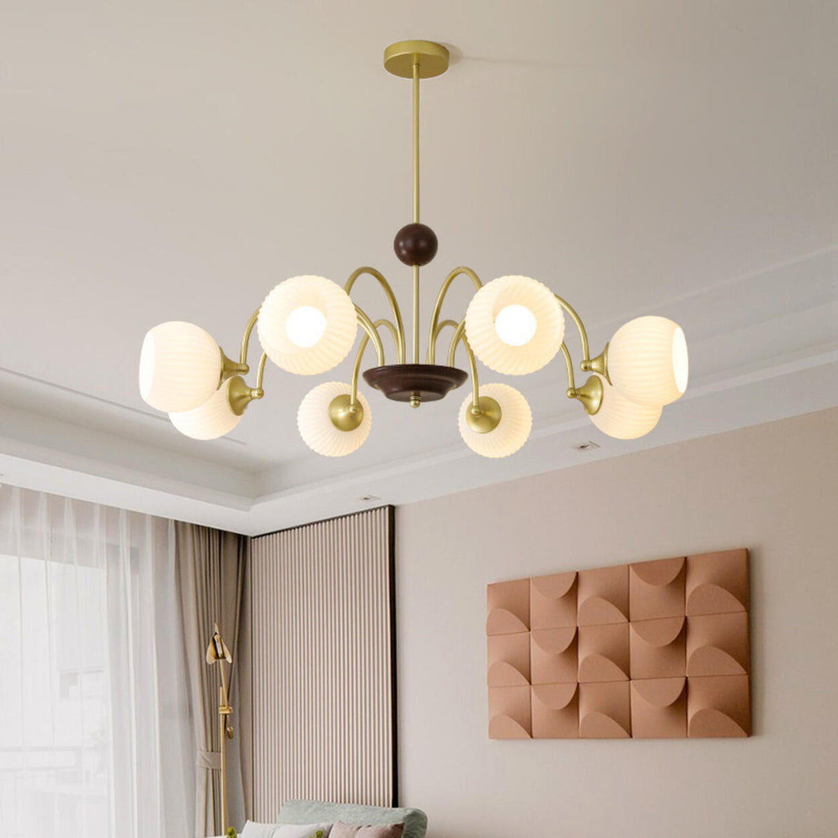 Retro Gold Fluted White Glass 5 Globes Chandelier Image - 4