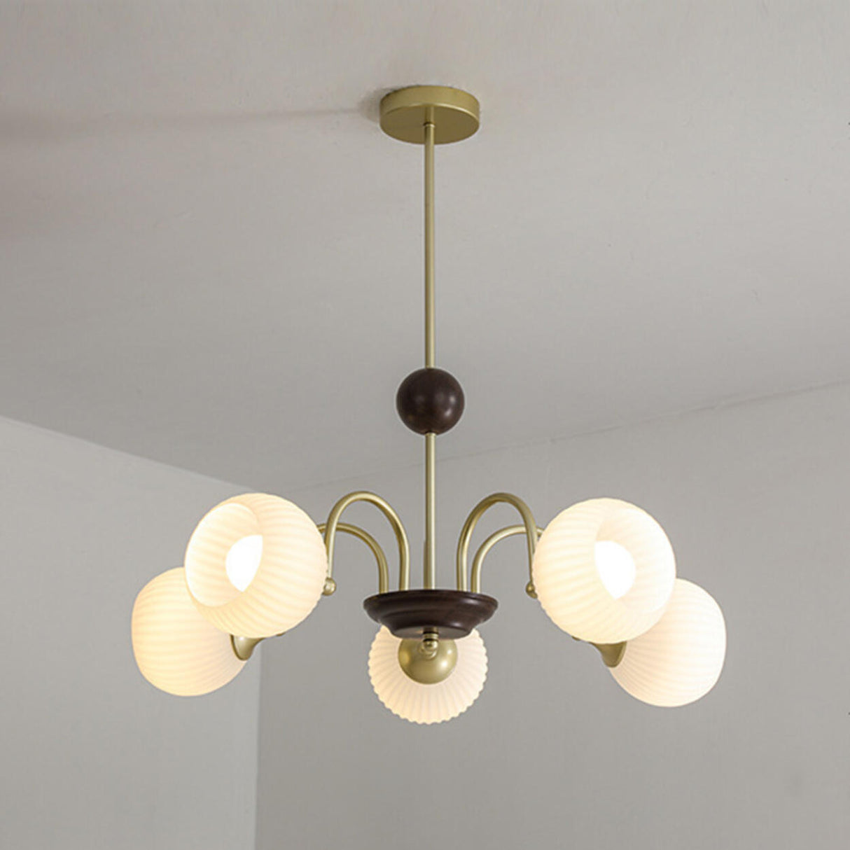 Retro Gold Fluted White Glass 5 Globes Chandelier Image - 5