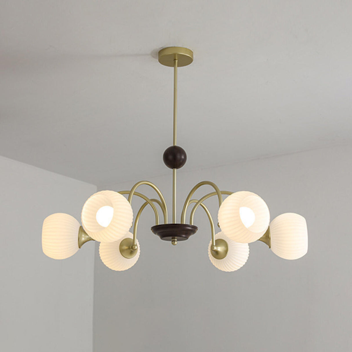 Retro Gold Fluted White Glass 5 Globes Chandelier Image - 7