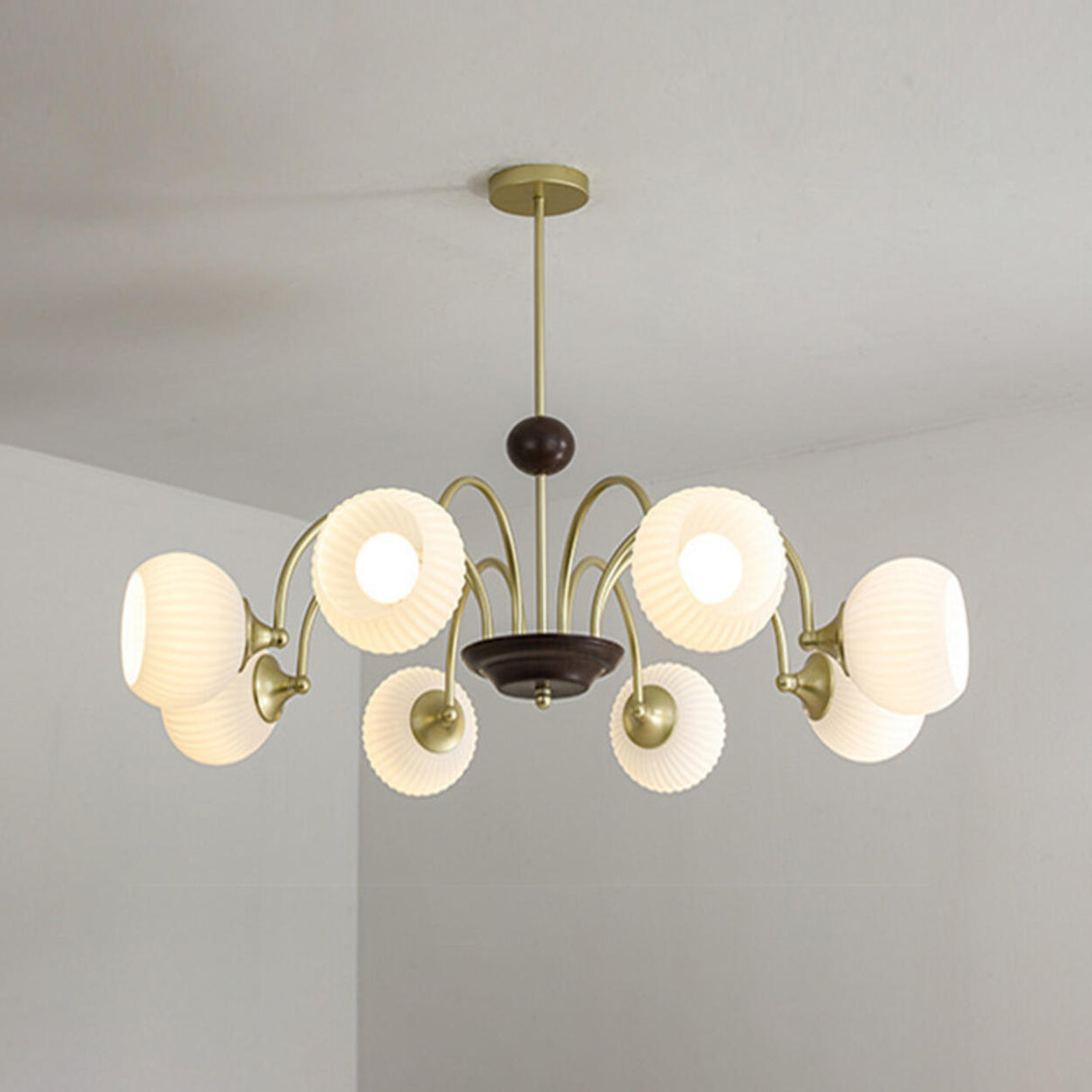 Retro Gold Fluted White Glass 5 Globes Chandelier Image - 9