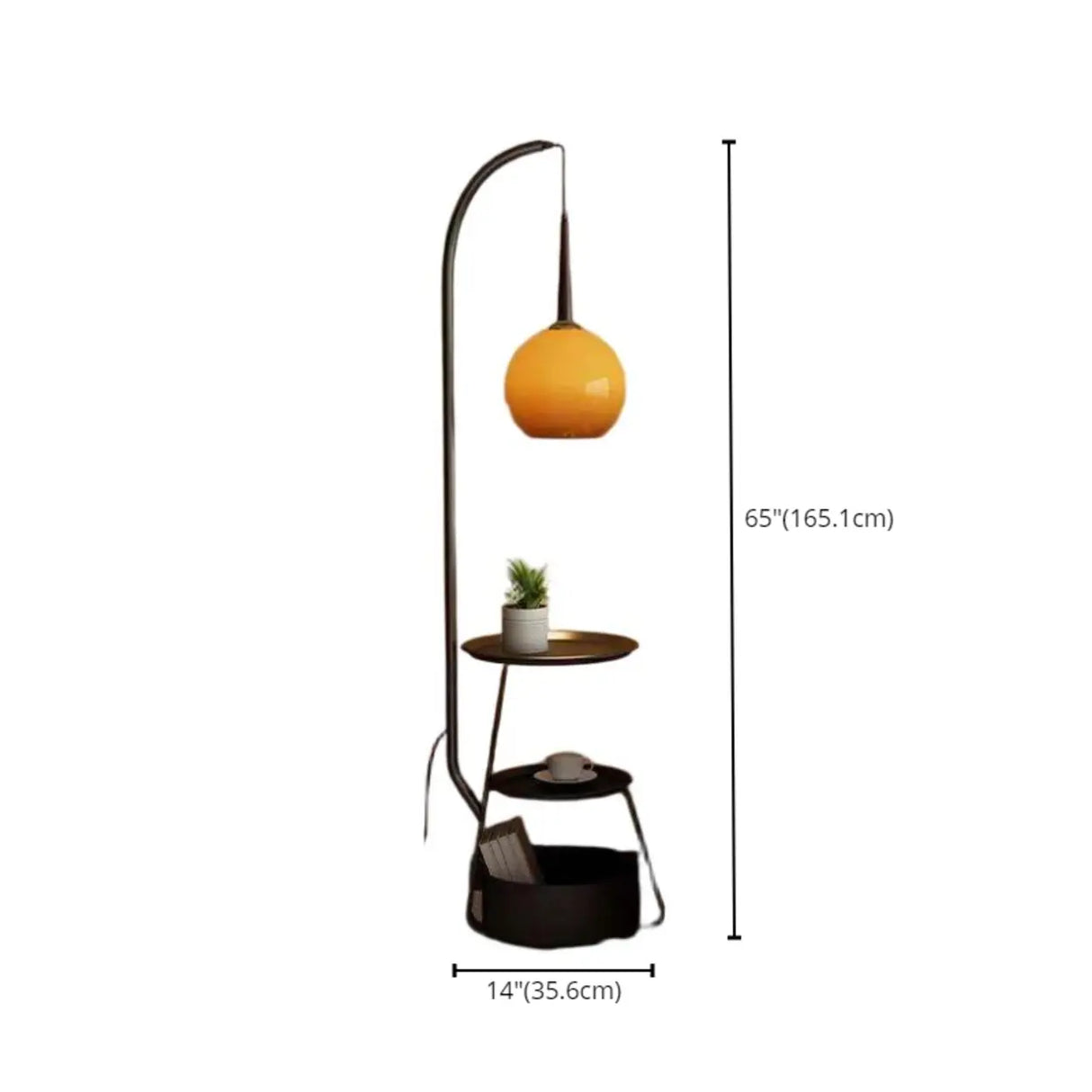 Retro Orange Glass Globe Arc Floor Lamp with Shelf Storage