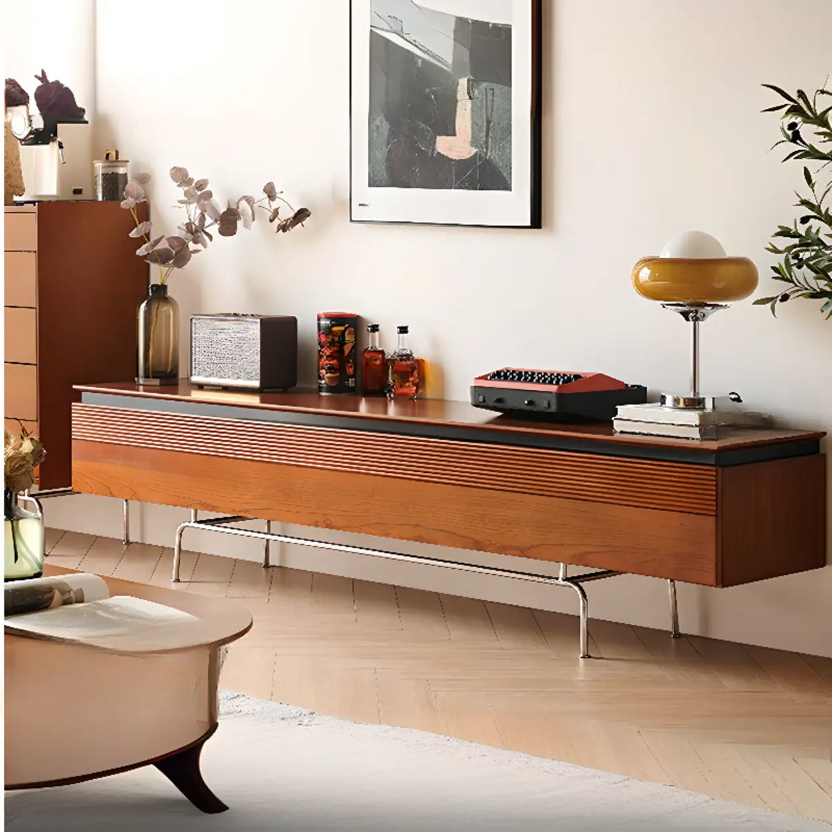 Retro Rectangular Cherry Wood Living Room TV Stand Brown