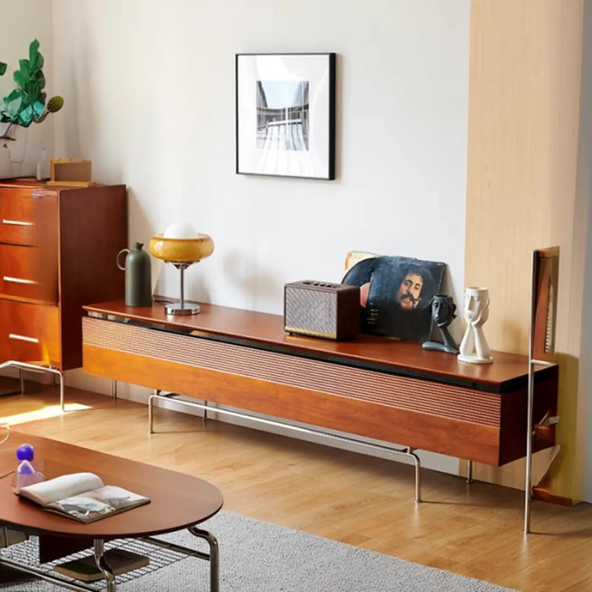 Retro Rectangular Cherry Wood Living Room TV Stand Brown