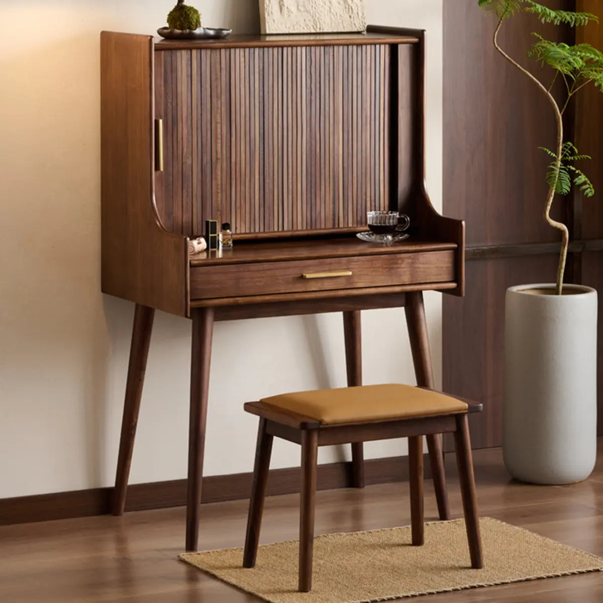 Retro Sliding Wood Brown Sliding Storage Makeup Vanity Image - 1