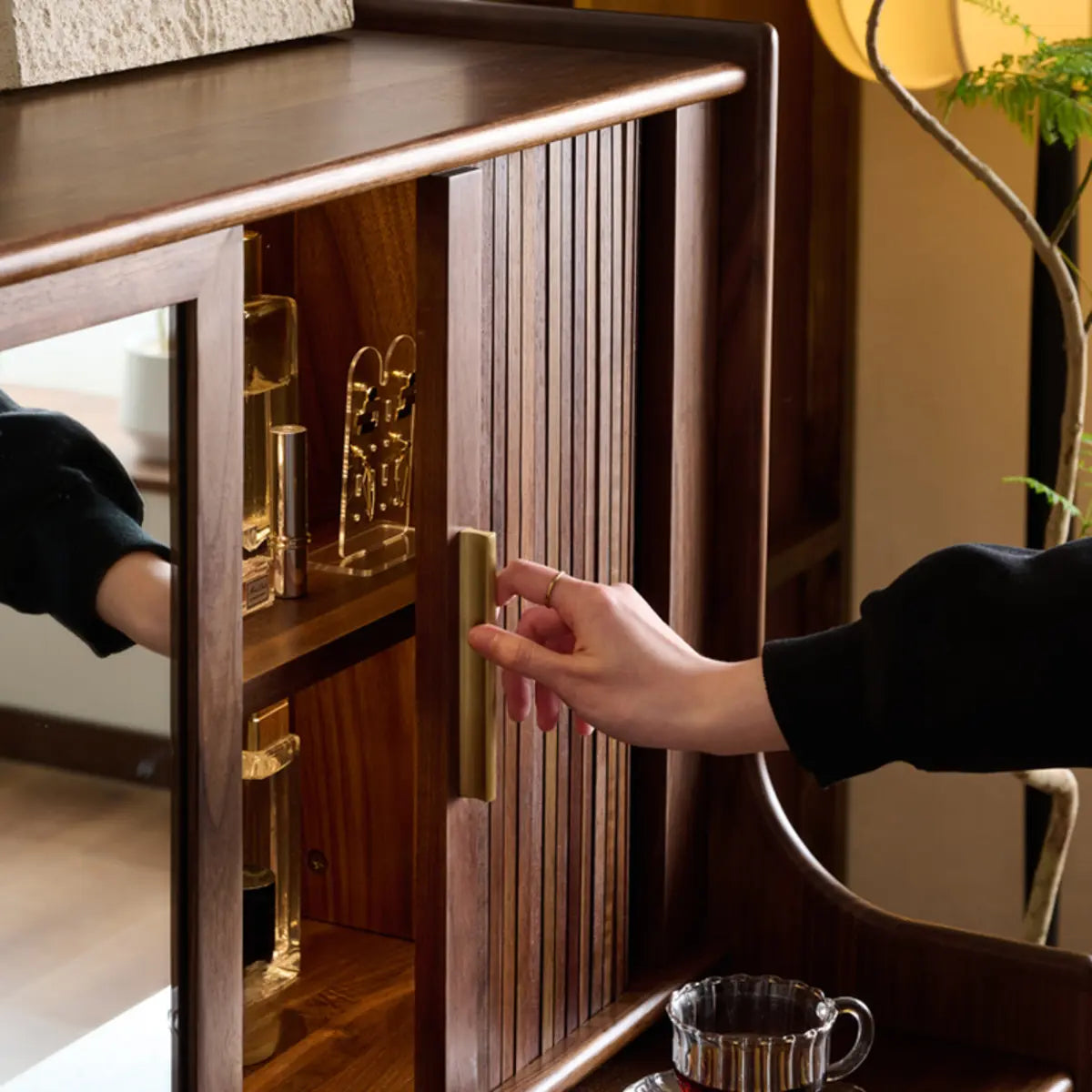 Retro Sliding Wood Brown Sliding Storage Makeup Vanity Image - 10