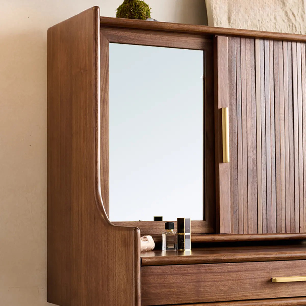 Retro Sliding Wood Brown Sliding Storage Makeup Vanity Image - 11