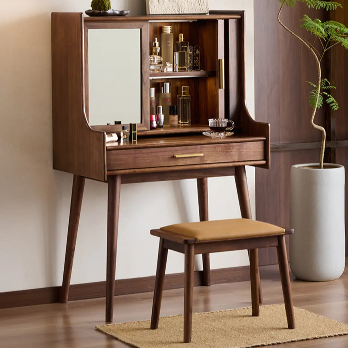 Retro Sliding Wood Brown Sliding Storage Makeup Vanity Image - 2