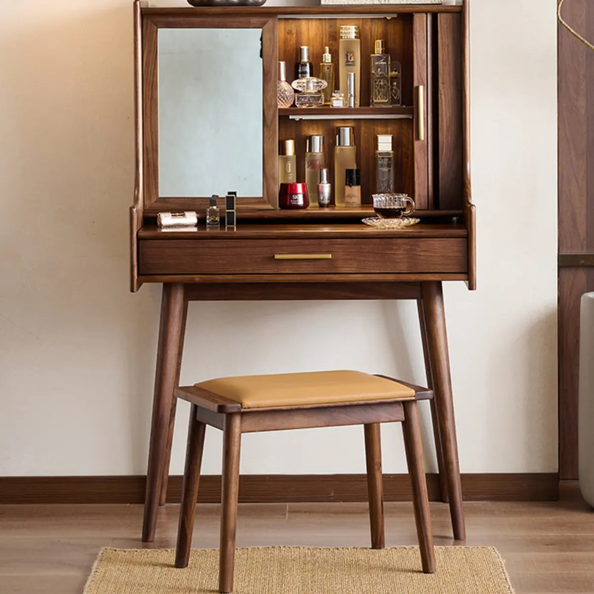 Retro Sliding Wood Brown Sliding Storage Makeup Vanity Image - 3