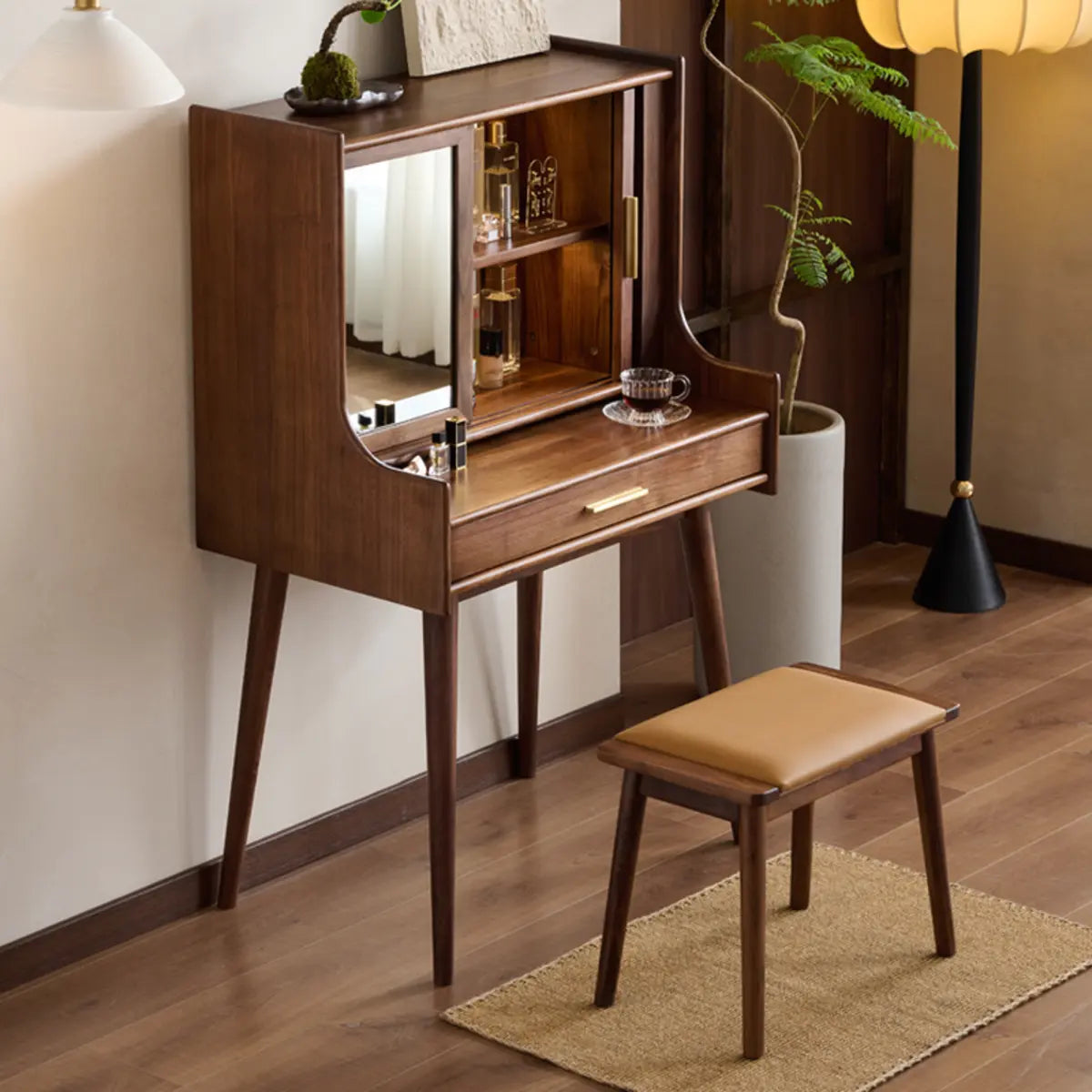 Retro Sliding Wood Brown Sliding Storage Makeup Vanity Image - 4