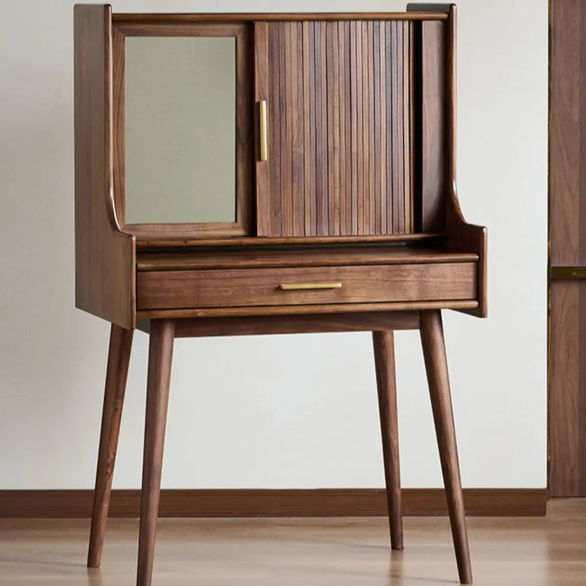 Retro Sliding Wood Brown Sliding Storage Makeup Vanity Image - 5