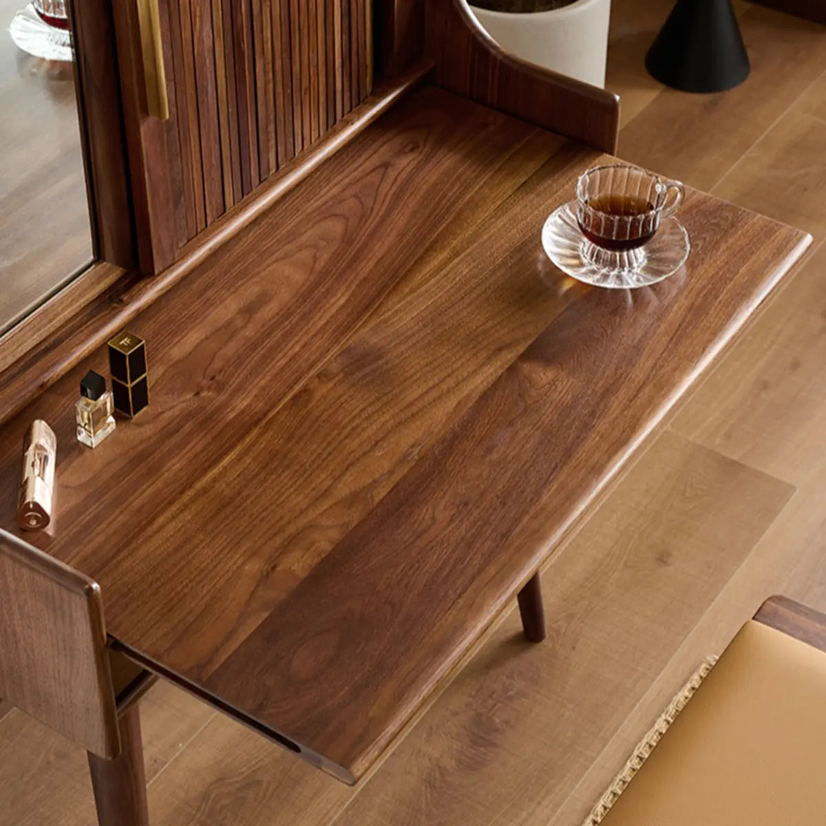 Retro Sliding Wood Brown Sliding Storage Makeup Vanity Image - 9