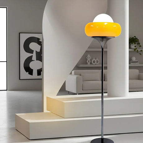 Retro Yellow Egg Tart Glass and Metal LED Floor Lamp Image - 1