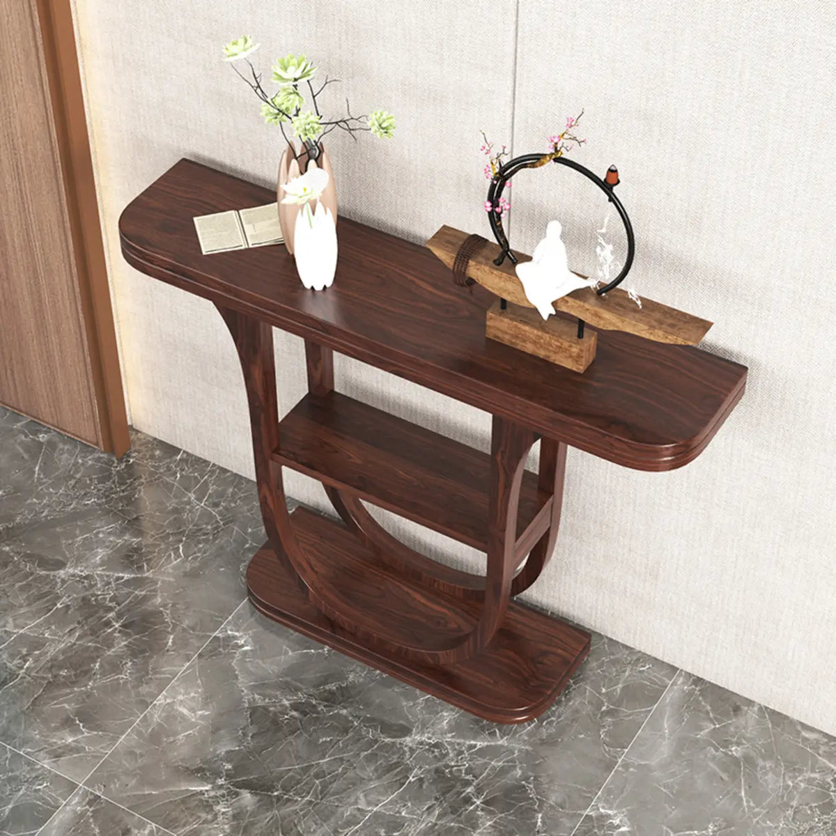 Narrow demilune hallway table by a doorway, 3/4 view showing the curved half-moon top and slim 10-inch depth