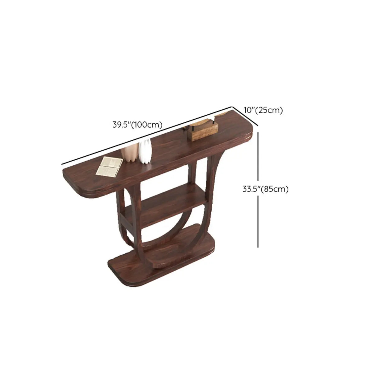 Rich Brown Demilune Wood U-Shaped Console Table with Shelf Image - 12