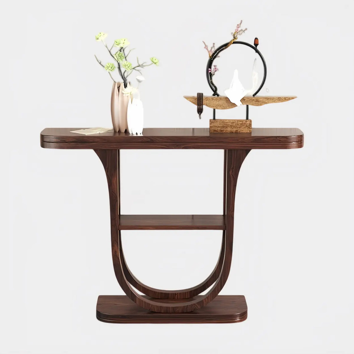 Rich brown wood demilune console table with U-shaped base and lower shelf