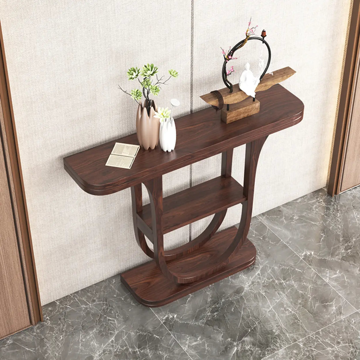 Half moon console table with lower shelf in a hallway, 3/4 view showing the narrow 10-inch depth on marble floor