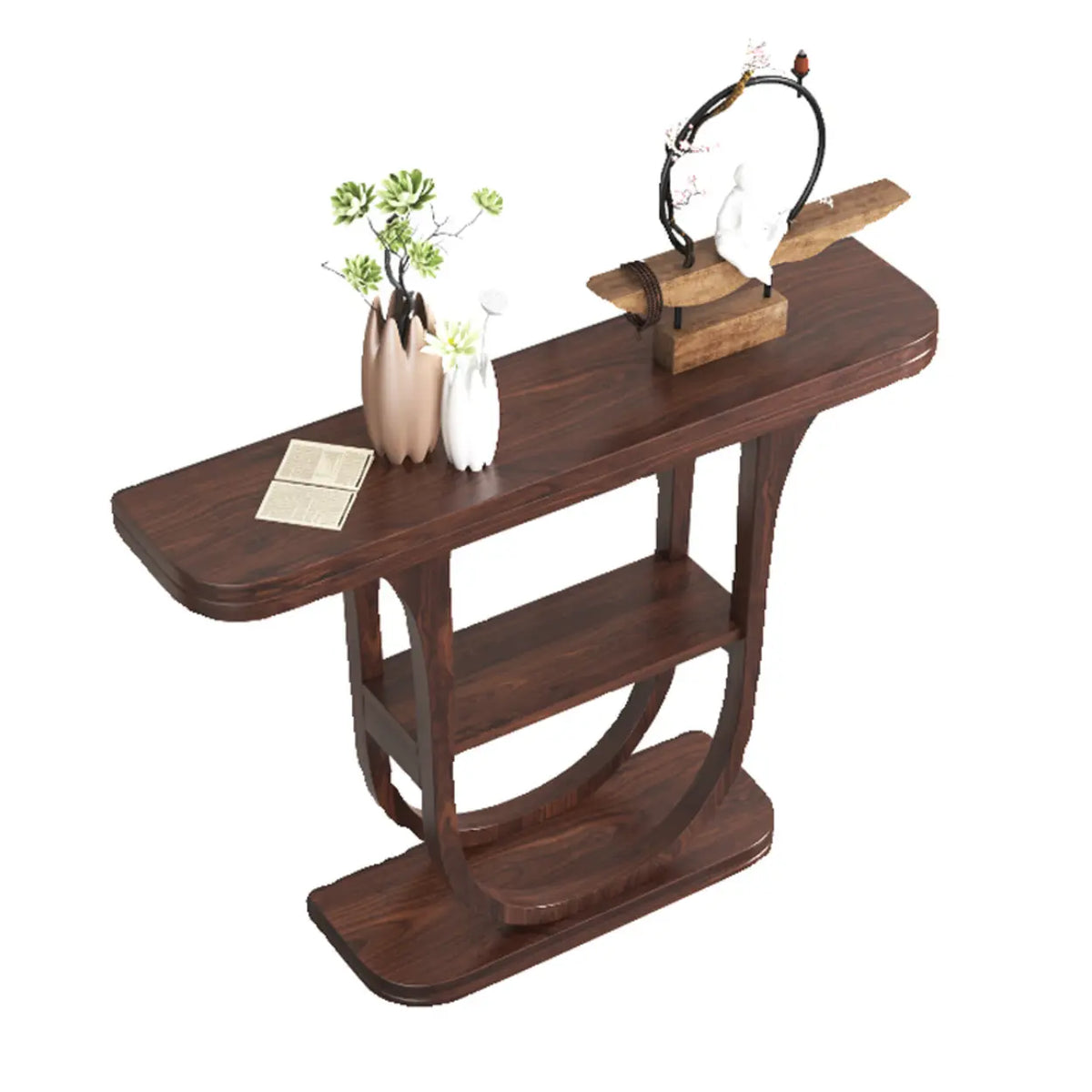 Angled view of a rich brown demilune console table on white background showing curved top and U-shaped wood base