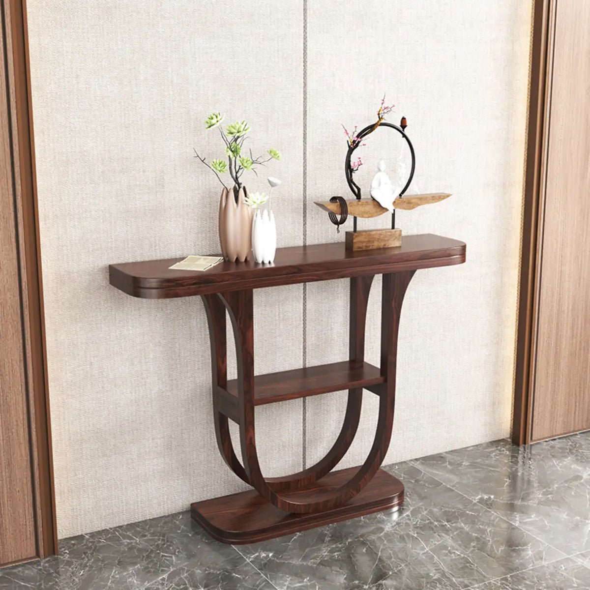 a slim demilune console table with shelf along a paneled hallway wall, narrow wood entryway table