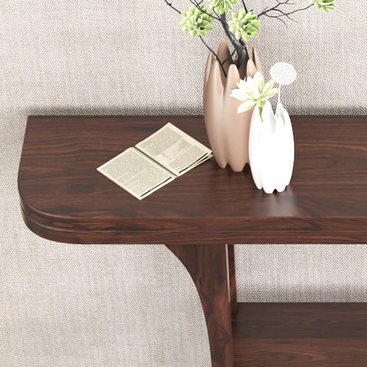 Rich Brown Demilune Wood U-Shaped Console Table with Shelf Image - 6