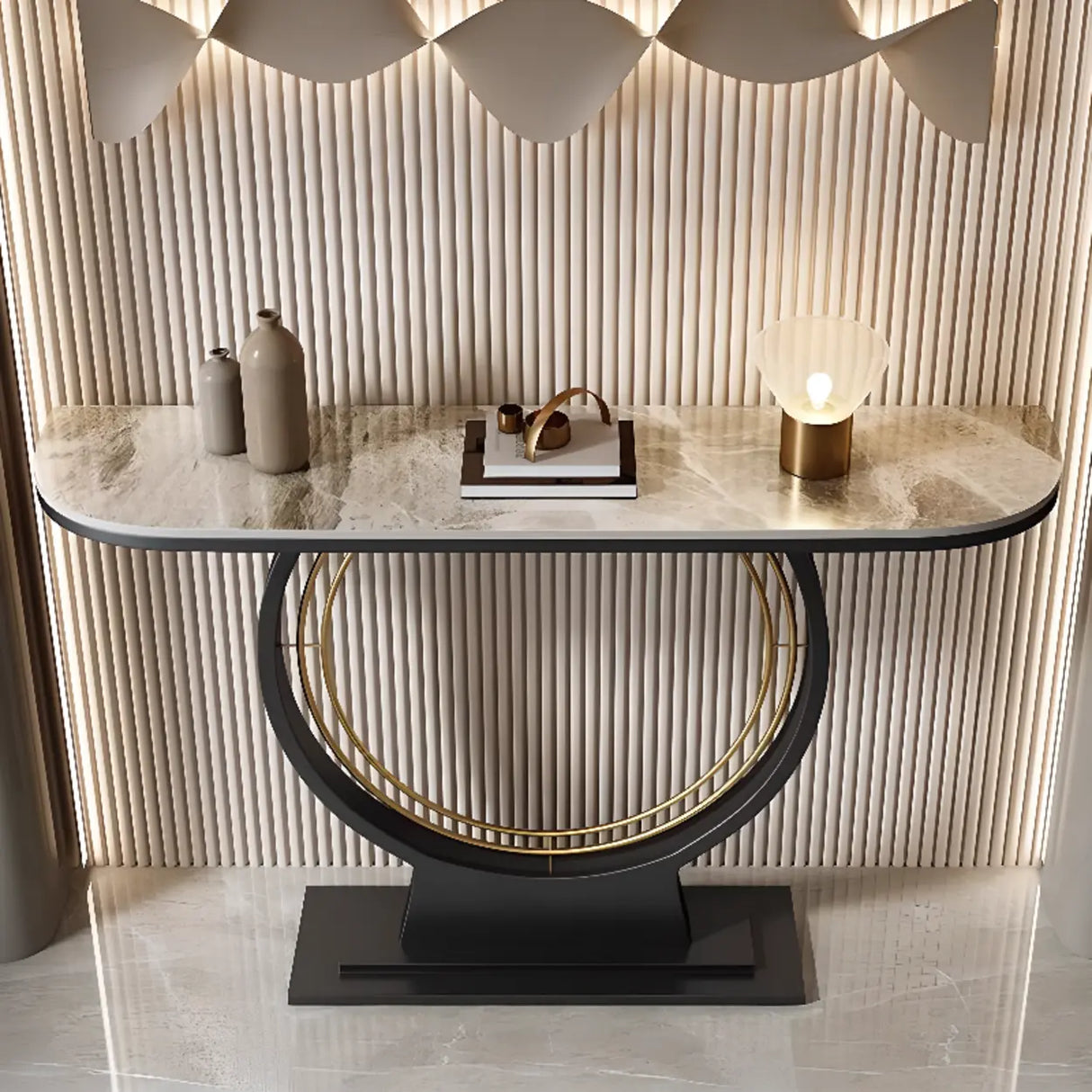 Ring Base Half Moon Sintered Stone Top Console Table Image - 1