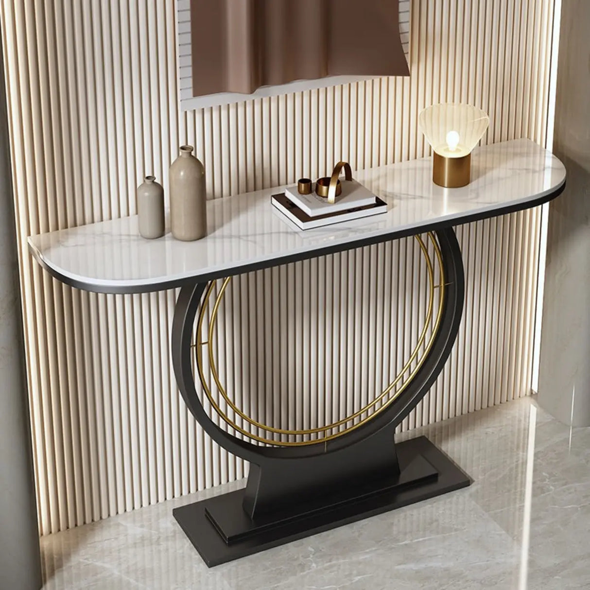 Ring Base Half Moon Sintered Stone Top Console Table Image - 2