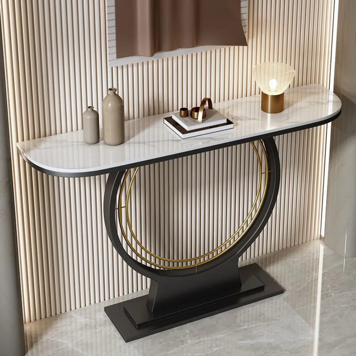 31"L x 12"W x 31"H Black White Ring Base Half Moon Sintered Stone Top Console Table Image - 6