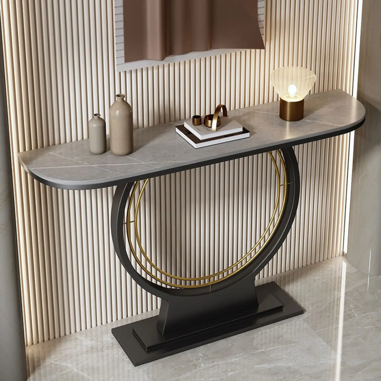 Ring Base Half Moon Sintered Stone Top Console Table Image - 7